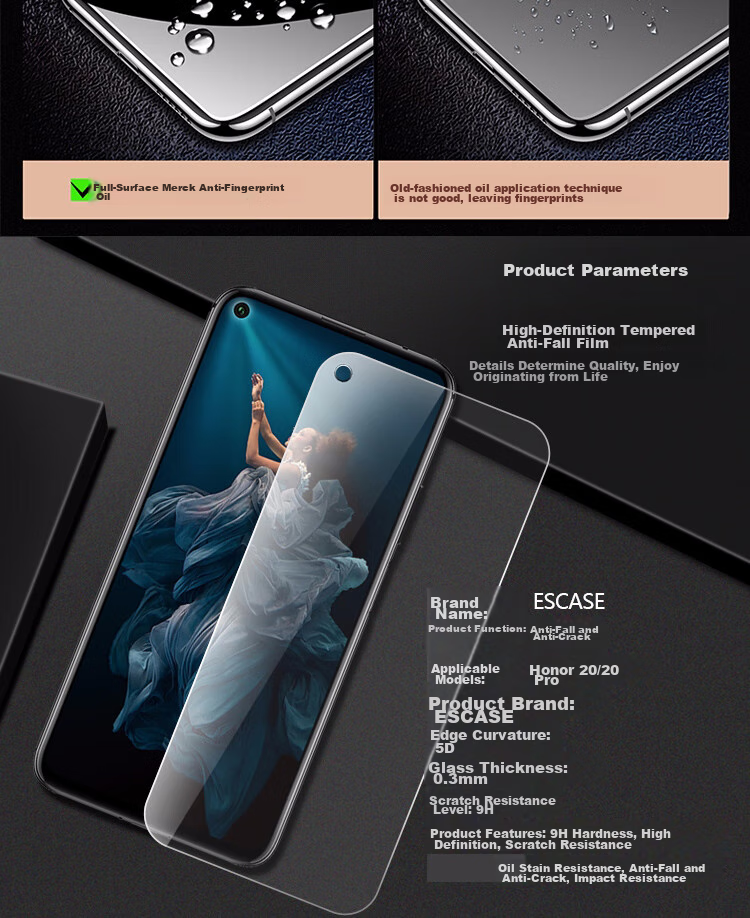 Защитное стекло для экрана ESCAPE для Huawei Honor 20/20 Pro/20s, неполное покрытие, без белого края, безводный гель, ударопрочное, высокая четкость