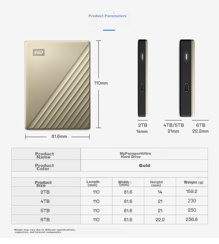 Внешний жесткий диск Western Digital My Passport Ultra, 4 ТБ, Type-C, 2.5 дюйма, золотой, механический, внешний, шифрованный, совместимый с Mac, большой емкости для домашнего хранения