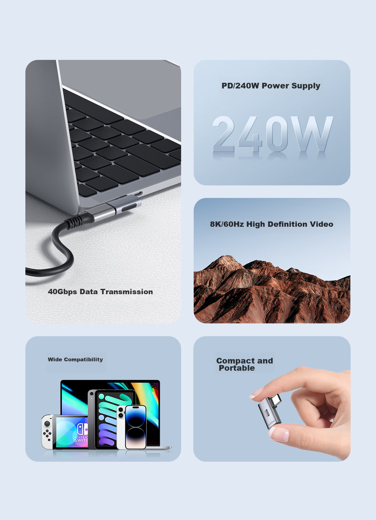 Переходник Hagibis Type-C угловой 90 градусов, Thunderbolt 4, USB4, Male-Female, для iPhone 16 и компьютеров