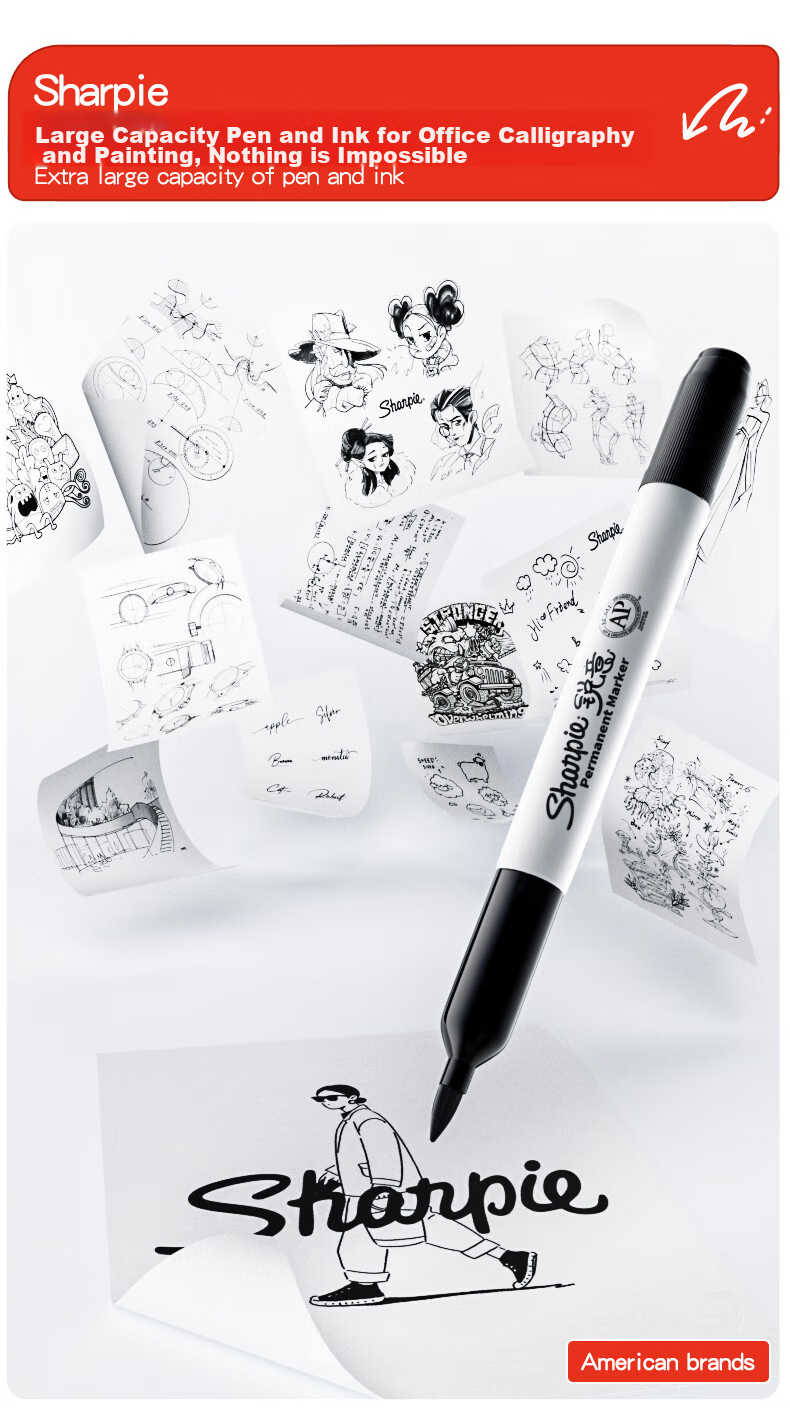 Маркер Sharpie Dual-Tip Fine 0.5мм, Широкий 2.5мм, Черный, на Масляной основе, водостойкий, быстросохнущий, для маркировки, плакатов, росписи, акварельных работ, обучения