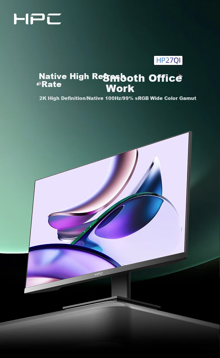 Монитор HPC HP27QI 27 дюймов, 2K (2560x1440), IPS, 100 Гц, 99% SRGB, низкий синий свет, узкая рамка, настольный или настенный