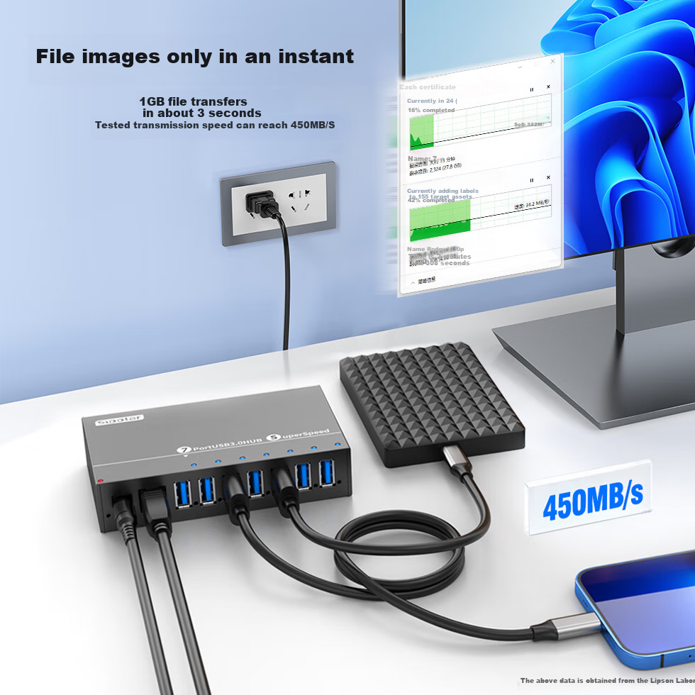 USB 3.0 концентратор SIPOLAR A-173, 7 портов, 1.4 метра, с блоком питания