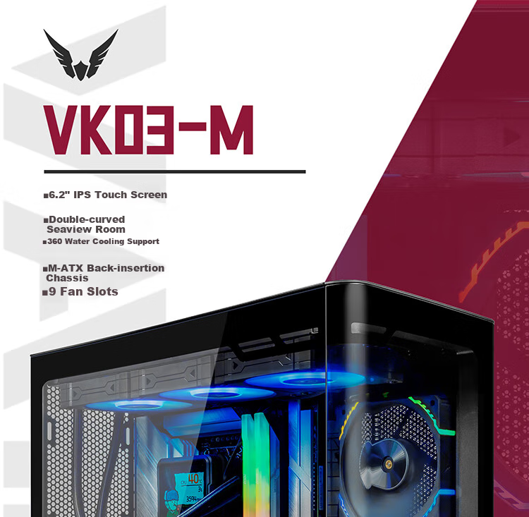 Компьютерный корпус VALKYRIE VK03-M BLACK M-ATX, с поддержкой водяного охлаждения 360 мм, сенсорным экраном 6.2 дюйма, изогнутым стеклом и панорамным обзором 270°