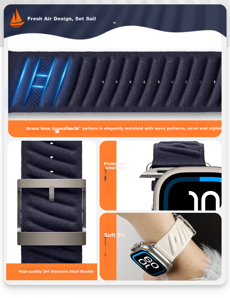 Ремешок BHO для Apple Watch Series 10/SE/Ultra3, Hermès Style En Mer, плетеный, синий, нейлон, 44/45/46/49MM