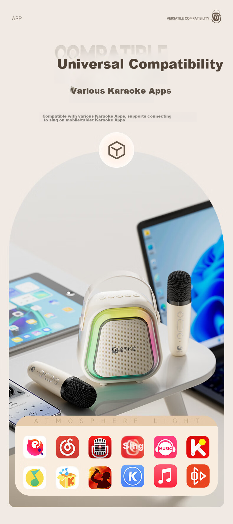 Умный микрофон-колонка Xiaodu MZ32, портативный, для караоке, с Bluetooth 5.3, 5 Вт, 1200 мАч, Type-C, с подсветкой, 2 микрофона