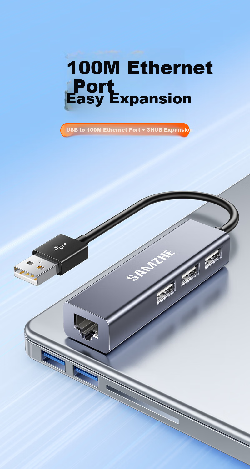 USB-хаб SAMZHE UWH14-S с портом Ethernet RJ45, 3 порта USB 2.0, 100 Мбит/с, для ноутбуков и настольных компьютеров