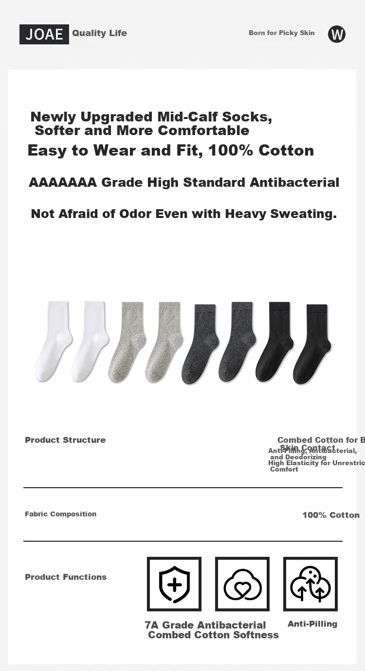 Мужские носки JOAE Pure Cotton Odor-Resistant, 7A Antibacterial, средней длины, для осени и зимы, подарок на День Святого Валентина, повседневные бизнес-носки, впитывающие пот, 6 пар