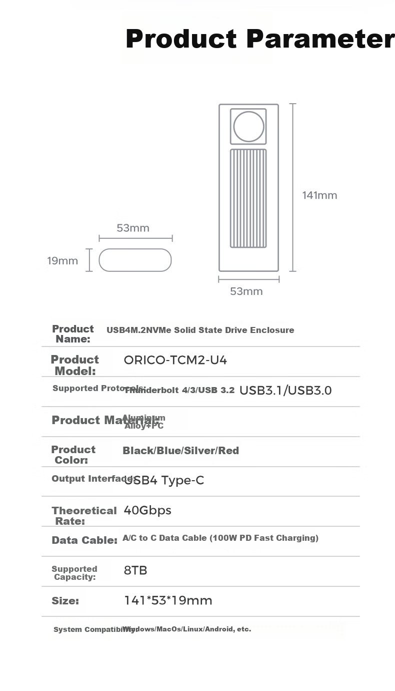 ORICO USB4 внешний корпус для SSD M.2 NVMe 40 Гбит/с, совместимый с Thunderbolt 4/3, алюминиевый сплав, серебристый