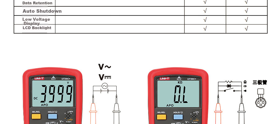 Цифровой мультиметр UNI-T UT39A+, ручной диапазон, многофункциональный бытовой прибор, измерение сопротивления, емкости, напряжения, силы тока