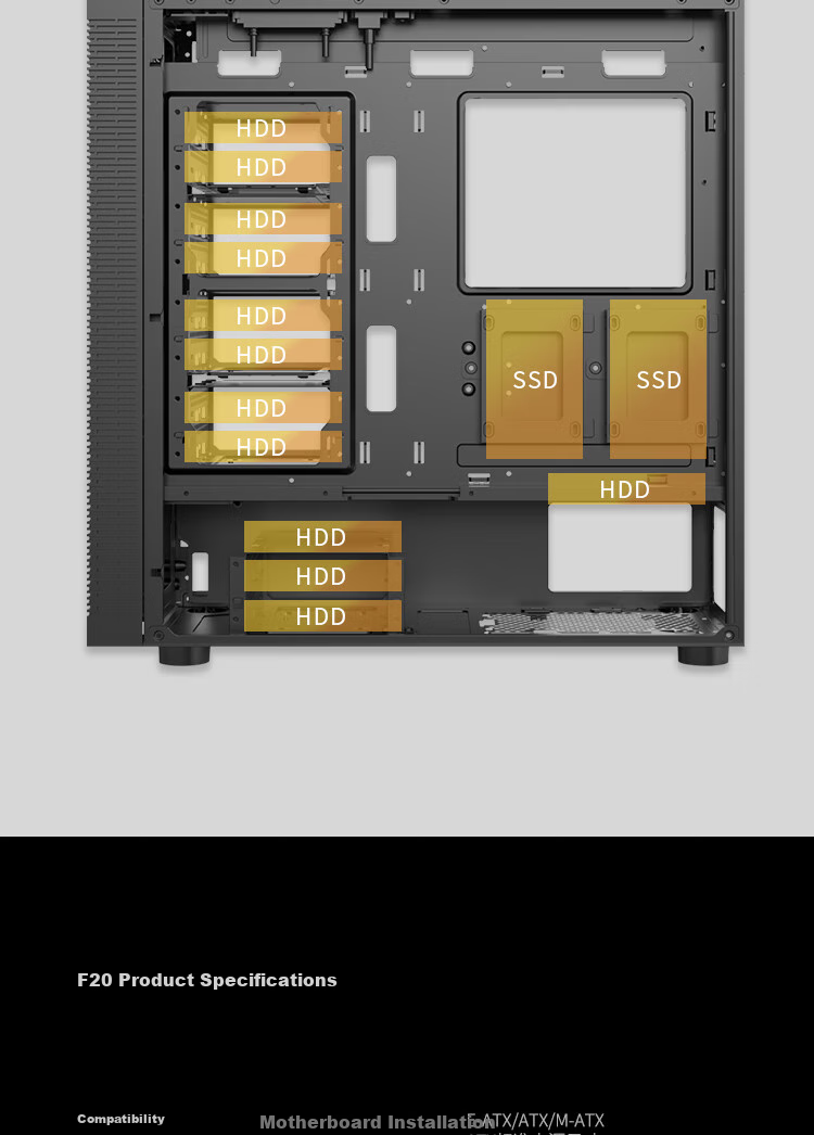 Компьютерный корпус PADO F20, черный, ATX, E-ATX, mATX, Midi-Tower, без блока питания