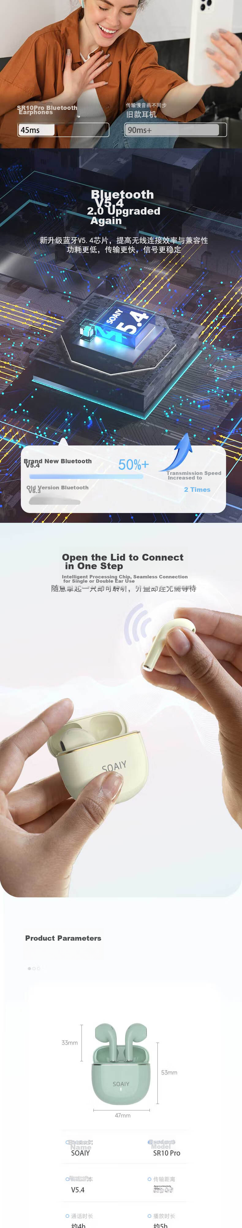 Беспроводные наушники Soaiy SR10pro с поддержкой Bluetooth 5.4, качеством звука HIFI, шумоподавлением при звонках, идеально подходят для игр, спорта и прослушивания музыки, полувнутриканальные, совместимы с Apple, Android, Huawei, цвет Xuanmo Black.