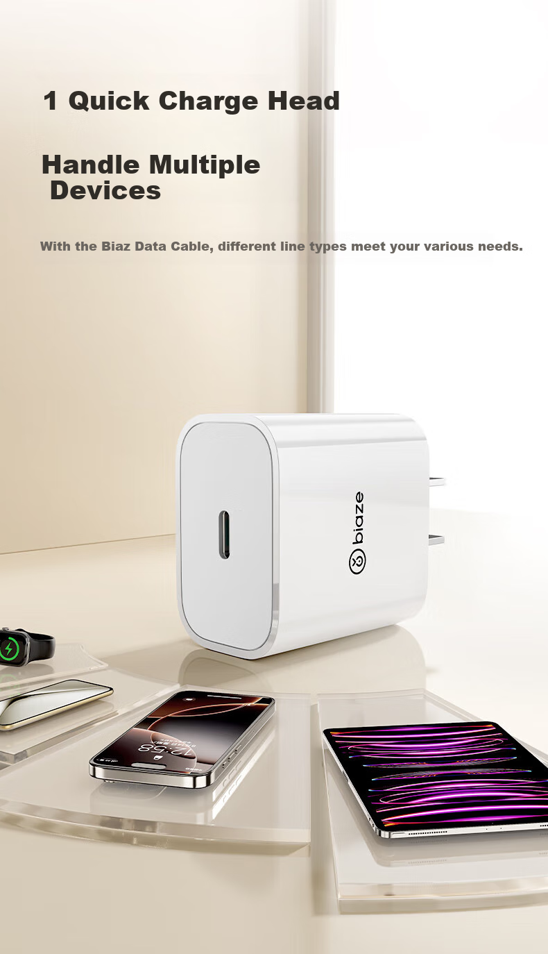 Зарядное устройство BIAZE 20W PD с кабелем Type-C, серый, для iPhone 14 Pro Max/13/12/11/iPad