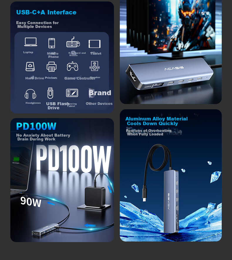 JD Адаптер-хаб Acasis HB-0101 Type-C, 6-в-1, USB-C, HDMI 4K@60Hz, 10Gbps, 100W PD, алюминиевый сплав, серебристый