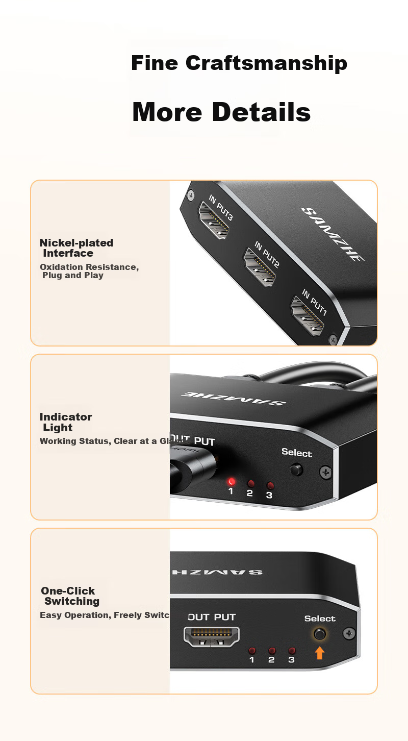HDMI сплиттер SAMZHE QH31, 3 входа, 1 выход, 4K@60Hz, HD видео, для ноутбука, монитора, ТВ, проектора