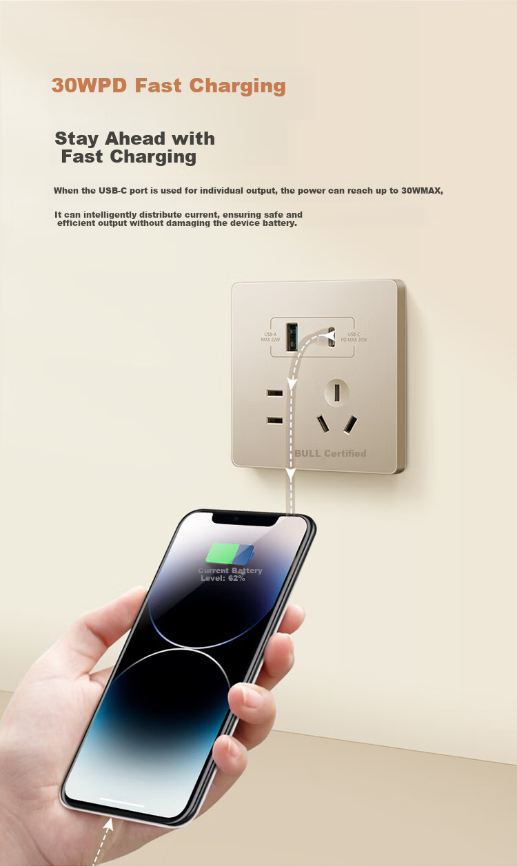 BULL G12E537 Розетка с USB+Type-C, 30W Fast Charging, Cream Style Starry Gold