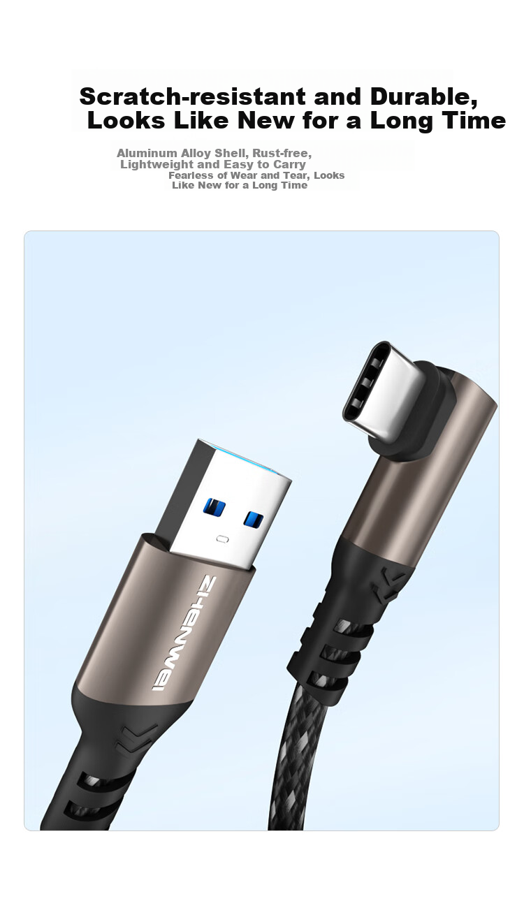 Кабель ZHENWEI USB 3.2 Type-C, 1.5 метра, 10 Гбит/с, 3A быстрая зарядка, угловой