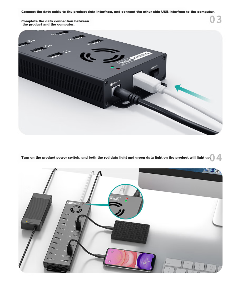 USB-концентратор SIPOLAR A-805P с 20 портами, промышленный разветвитель USB 2.0 с блоком питания 120 Вт, 1.4 метра, с вентилятором, 1А на порт