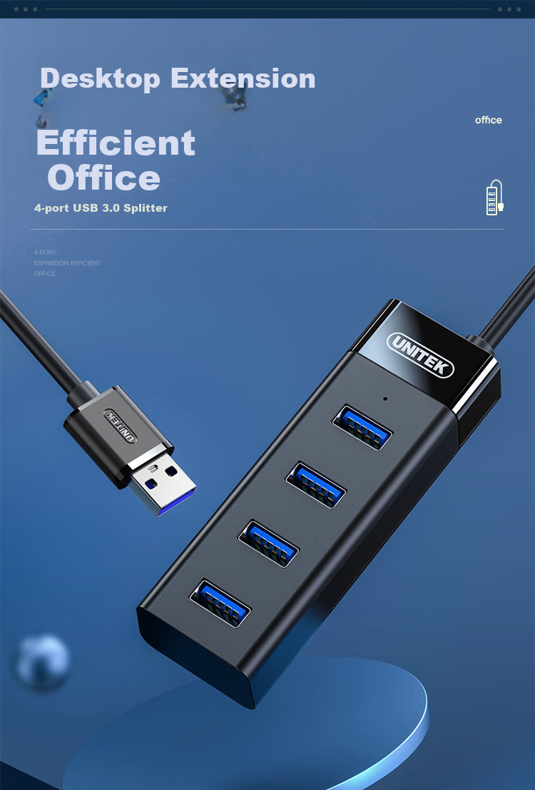 USB 3.0 концентратор UNITEK Y-3098CBK с блоком питания, 4 порта, черный, 1.2 метра