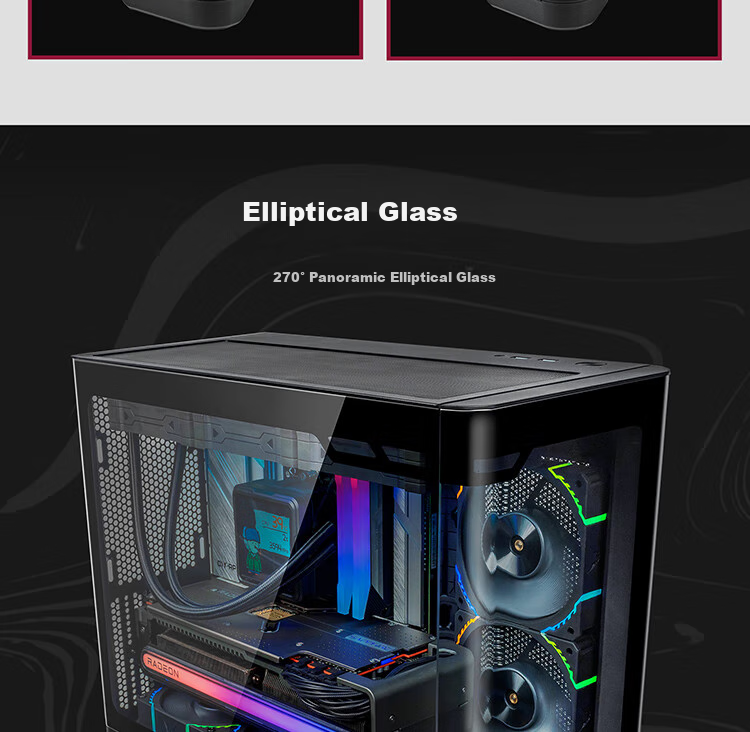 Компьютерный корпус VALKYRIE VK03-M BLACK M-ATX, с поддержкой водяного охлаждения 360 мм, сенсорным экраном 6.2 дюйма, изогнутым стеклом и панорамным обзором 270°