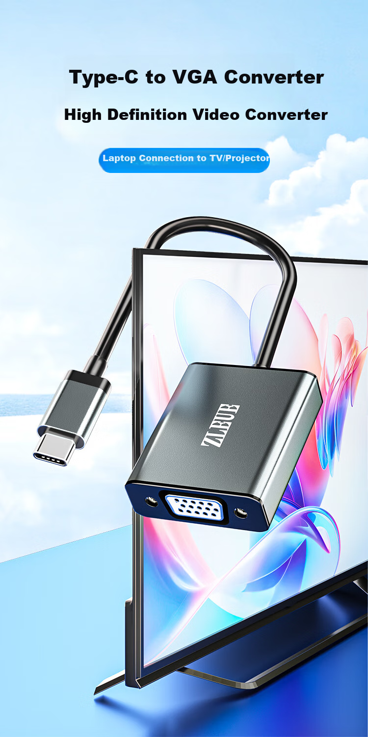 Переходник ZLEUE Type-C на VGA, USB-C to VGA, для Huawei, Apple, Xiaomi, ноутбуков, для подключения к ТВ, монитору, проектору, ZL-CZV