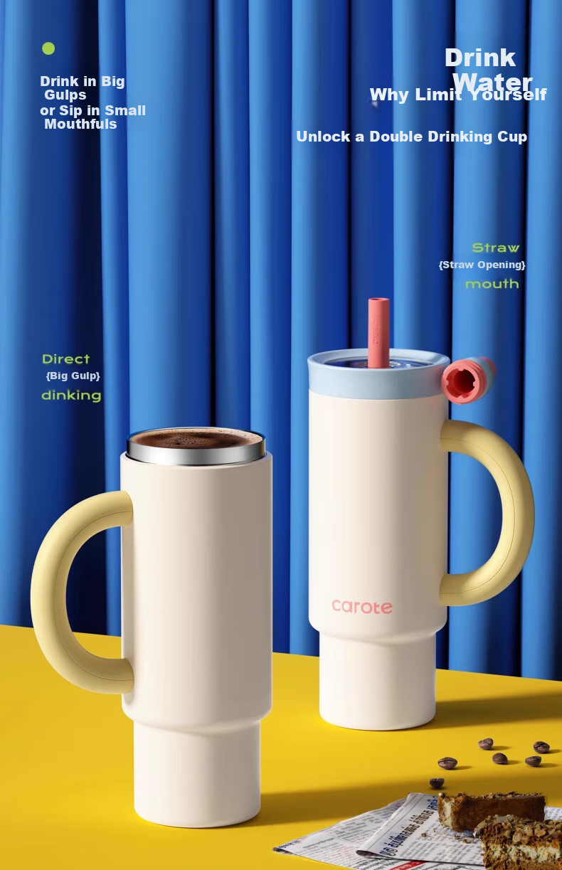 Термокружка CaROTE Giant Straw Insulated Cup, 1050 мл, морская соль и сыр, с трубочкой