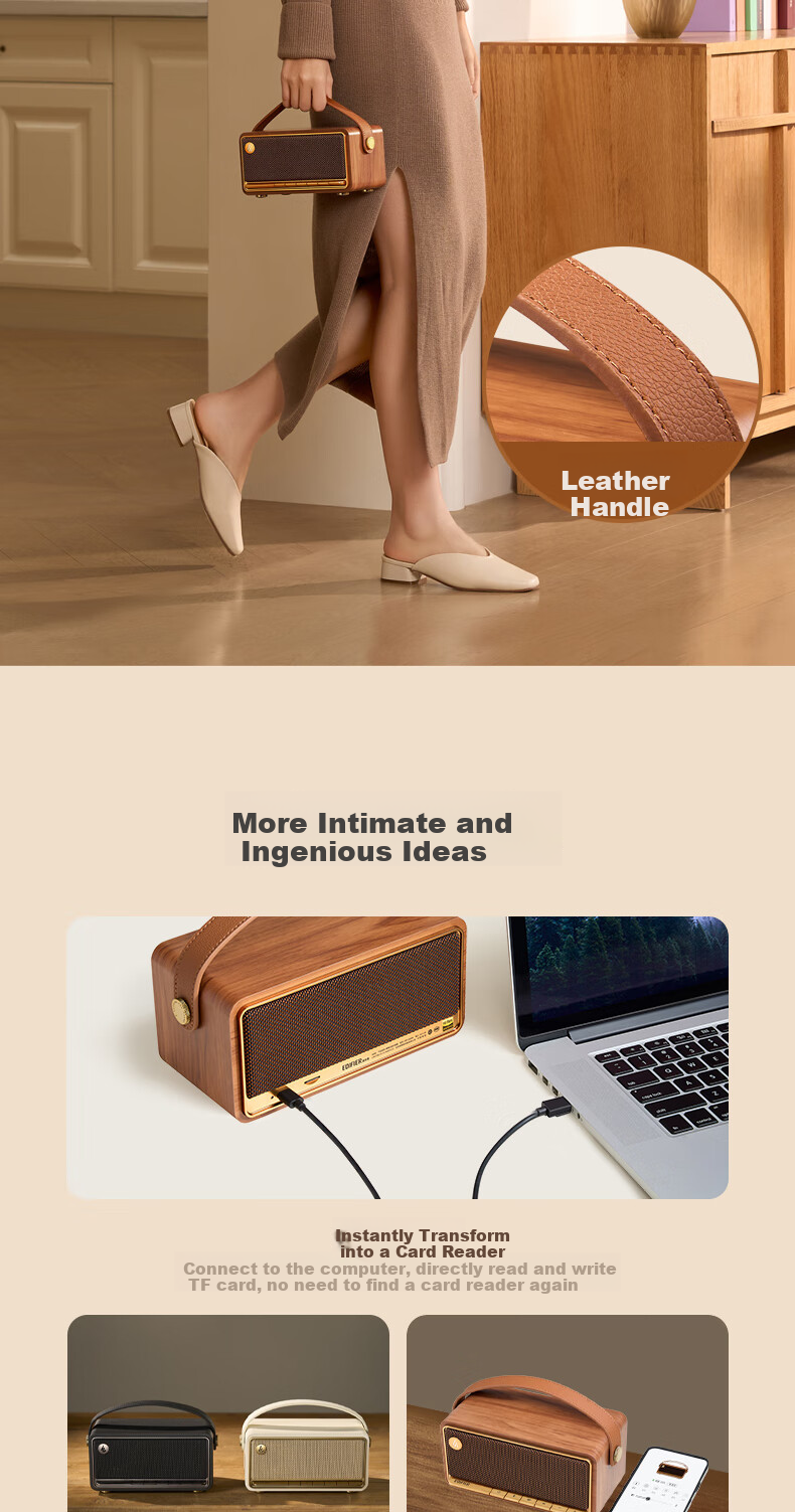 Портативная Bluetooth-колонка EDIFIER M285 Retro, Bluetooth 5.4, ручная, для дома и улицы, долгая работа от батареи, сертификация Gold Standard, цвет под дерево, подарок на Новый год