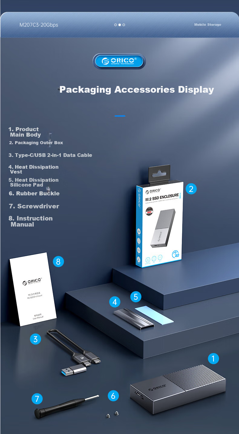 Внешний корпус ORICO M.2 NVMe SSD, 20 Гбит/с, алюминиевый корпус со встроенным радиатором, совместимый с внешним корпусом для ноутбука, M207C3