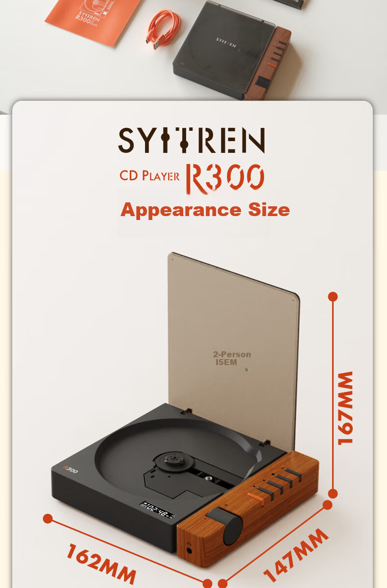 Портативная акустика Syitren R300 CD Player - ретро-дизайн, Bluetooth 5.3, встроенный аккумулятор, деревянная отделка