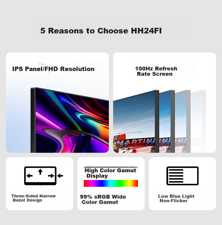 Монитор HPC HH24FI, 23.8 дюйма, IPS, Full HD (1920x1080), 100 Гц, 99% sRGB, без мерцания, узкая рамка, черный
