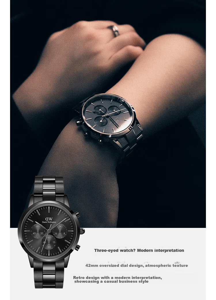 Мужские часы Daniel Wellington DW642, кварцевые, хронограф, стальные, черные
