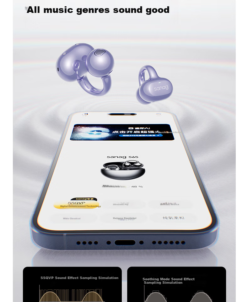 Беспроводные наушники SANAG S6S Ultra с костной проводимостью, клипса на ухо, открытый дизайн, для спорта, AI-функции, Bluetooth 6.0, Розовое золото