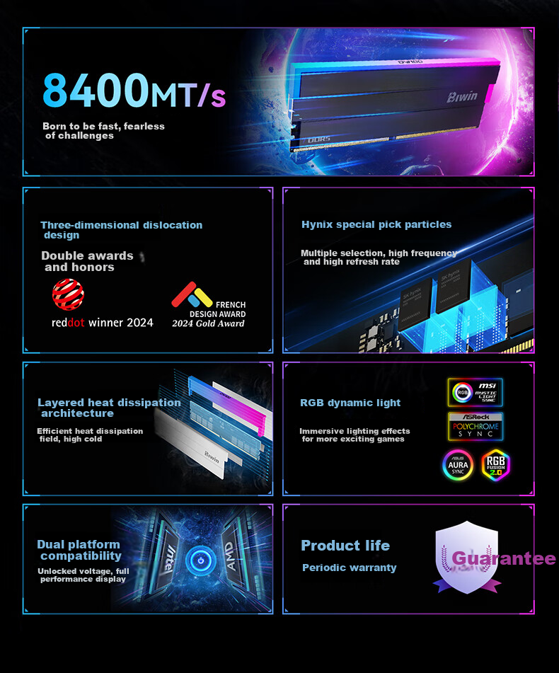 Комплект оперативной памяти BIWIN Shikong Xingzhe DW100 DDR5, 32 ГБ (2x16 ГБ), 8000 МГц, CL36, с RGB подсветкой, черный