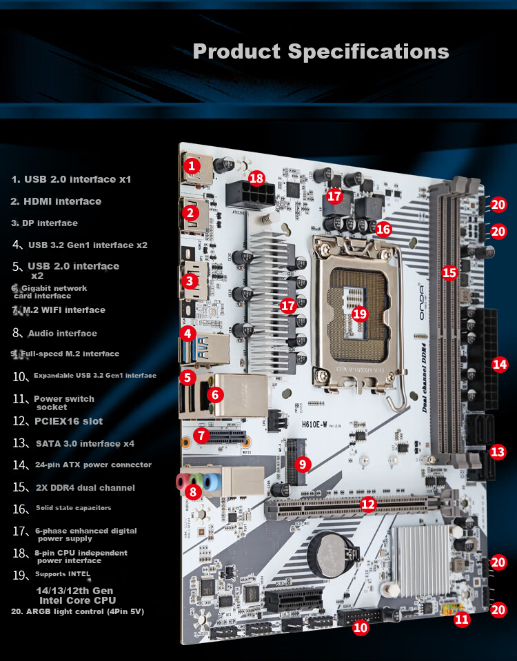 Материнская плата ONDA H610E-W (Intel H610/LGA 1700), поддержка G6900/12100/13100, для развлечений и офиса