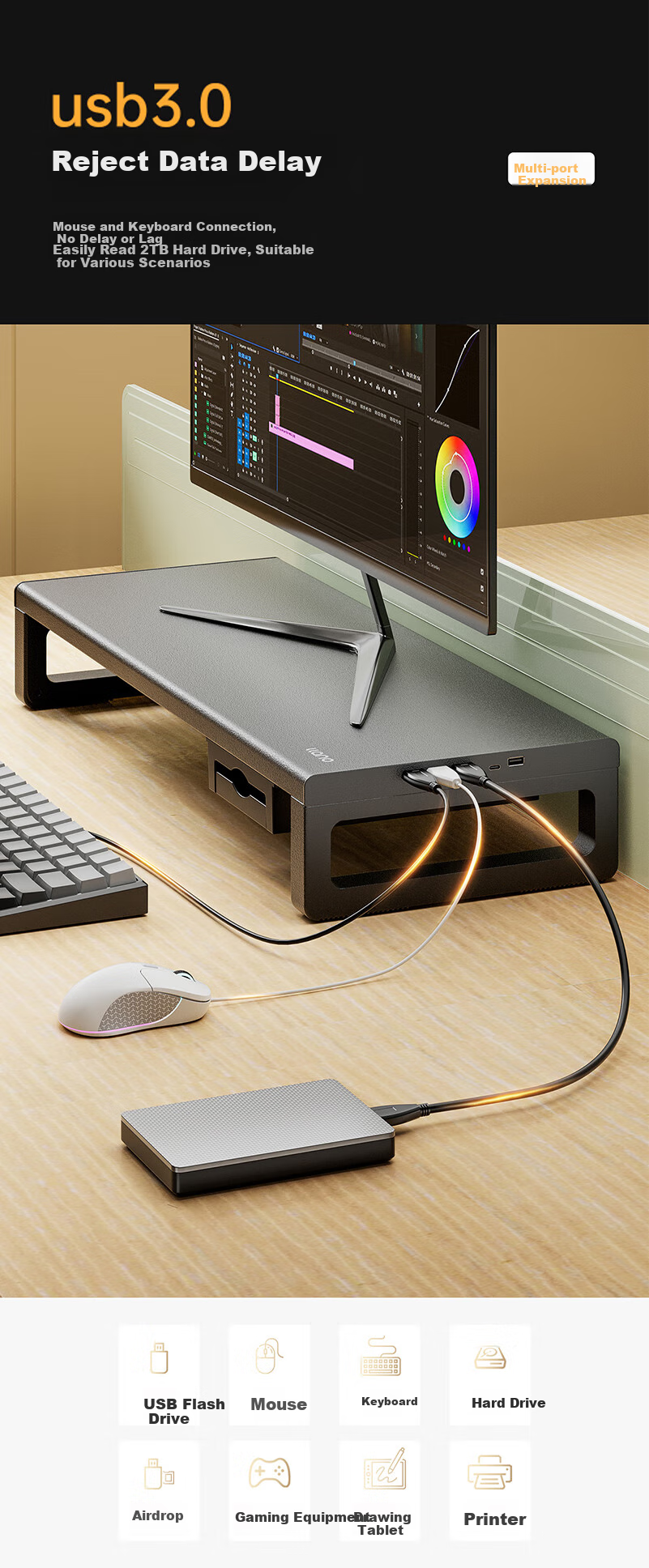 Подставка-органайзер Llano для монитора с USB 3.0, алюминиевый сплав, 30.2x64x8.6 см, 165 юаней