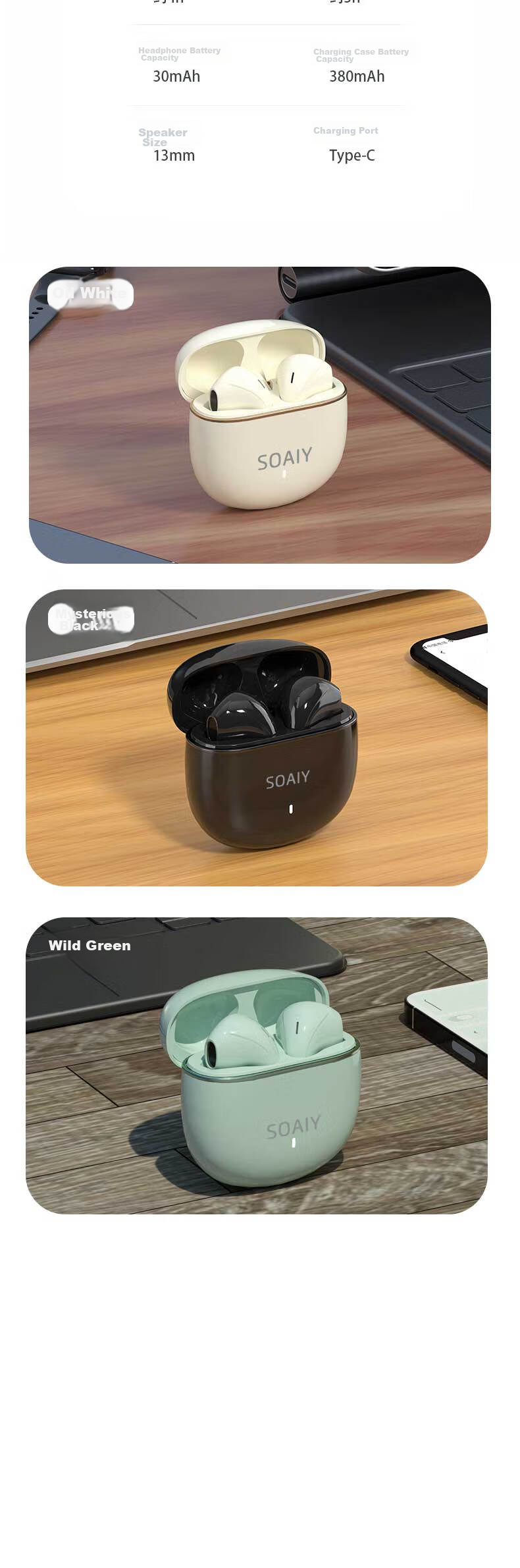 Беспроводные наушники Soaiy SR10pro с поддержкой Bluetooth 5.4, качеством звука HIFI, шумоподавлением при звонках, идеально подходят для игр, спорта и прослушивания музыки, полувнутриканальные, совместимы с Apple, Android, Huawei, цвет Xuanmo Black.