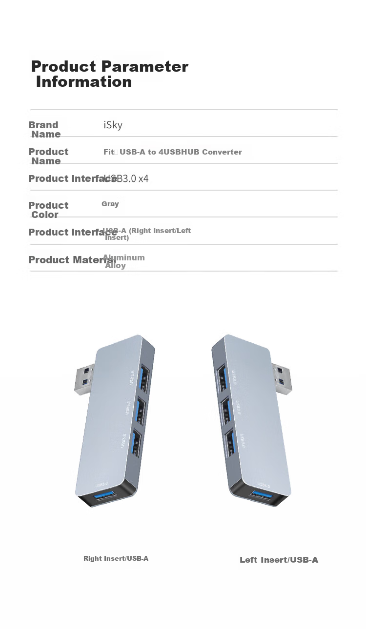 USB-хаб iSky 4 порта USB 3.0, алюминиевый корпус, серый