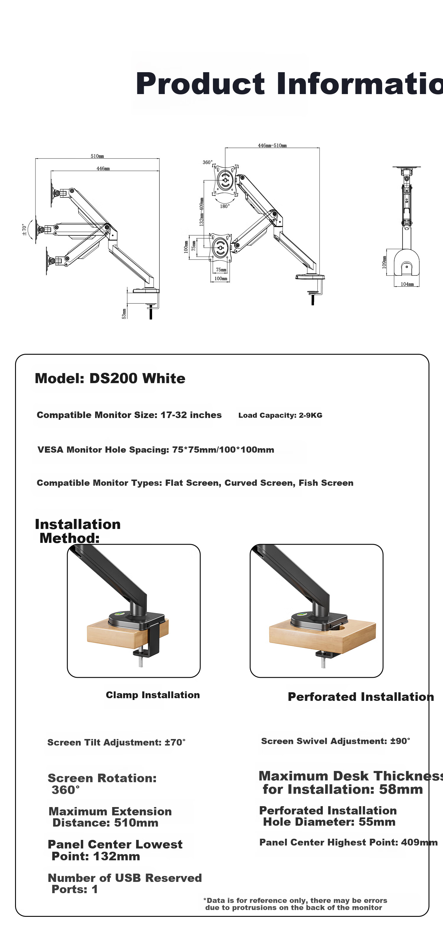 Кронштейн для монитора KALOC DS200 White, механический, настольный, белый