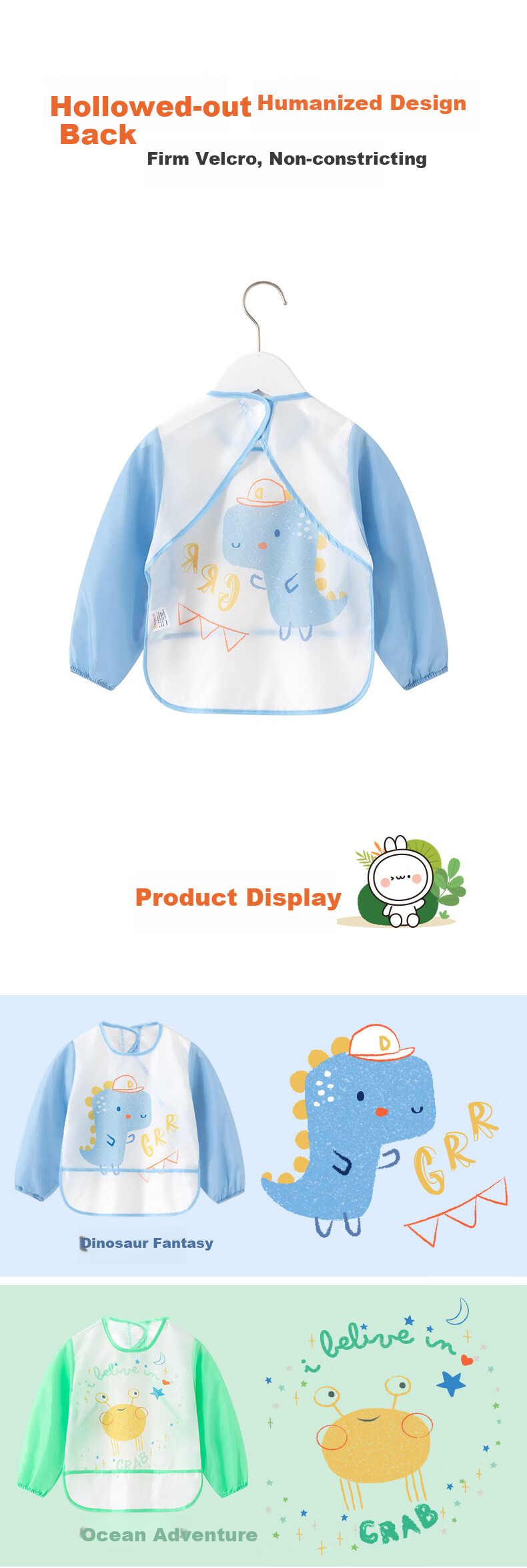 Детский слюнявчик Babyprints с длинным рукавом, водонепроницаемый, 2 шт. (дизайн "Фантазия с динозаврами" + "Океанское приключение")
