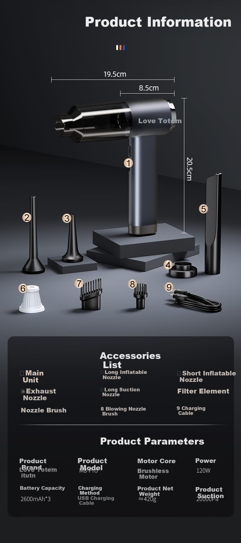 Автомобильный пылесос Aituteng M8Pro Kit, мощный, беспроводной, портативный, для дома и автомобиля, 120 Вт, 20000 Па, 0.19 л, 40-49 мин