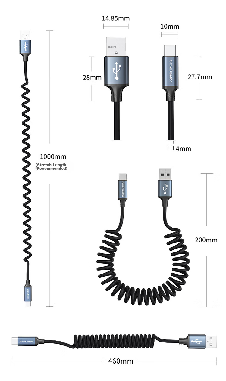 Кабель CABLE CREATION Dual-Head Type-C, 60W, витой, пружинный, для быстрой зарядки, совместим с Apple iPhone 15 Pro Max, Huawei, Xiaomi
