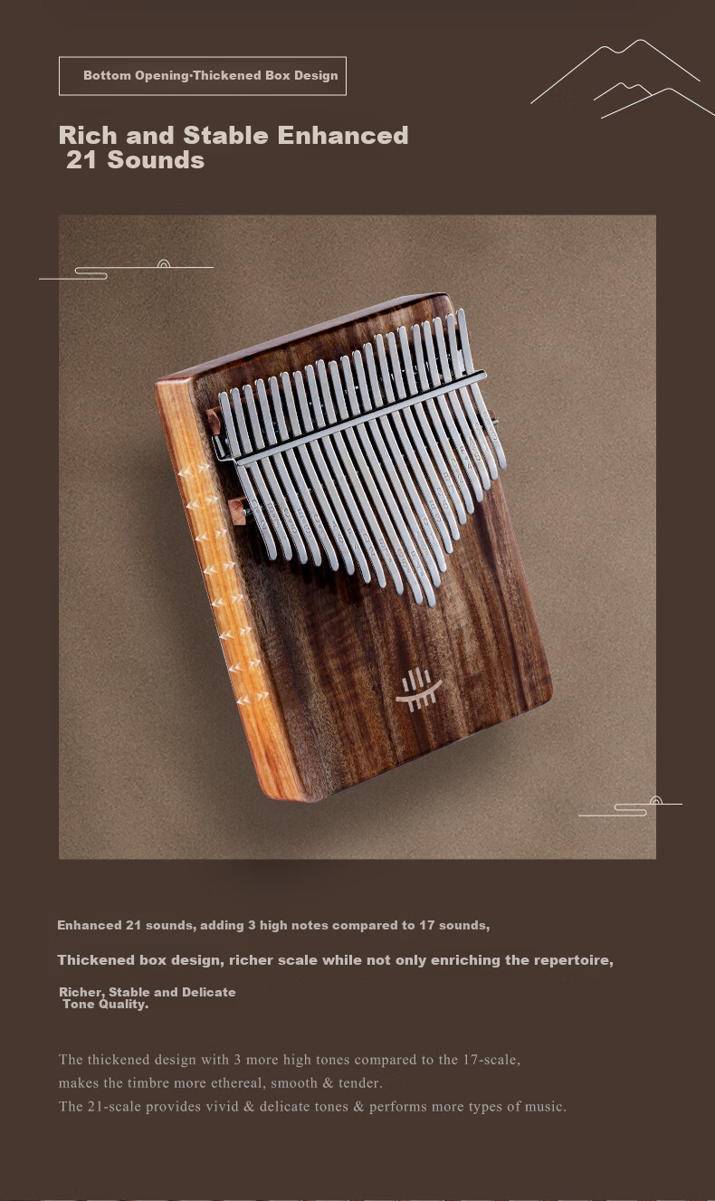 Калимба (Thumb Piano) Hluru, 17-клавишная, с нижним отверстием, из цельного массива дерева, материал - орех