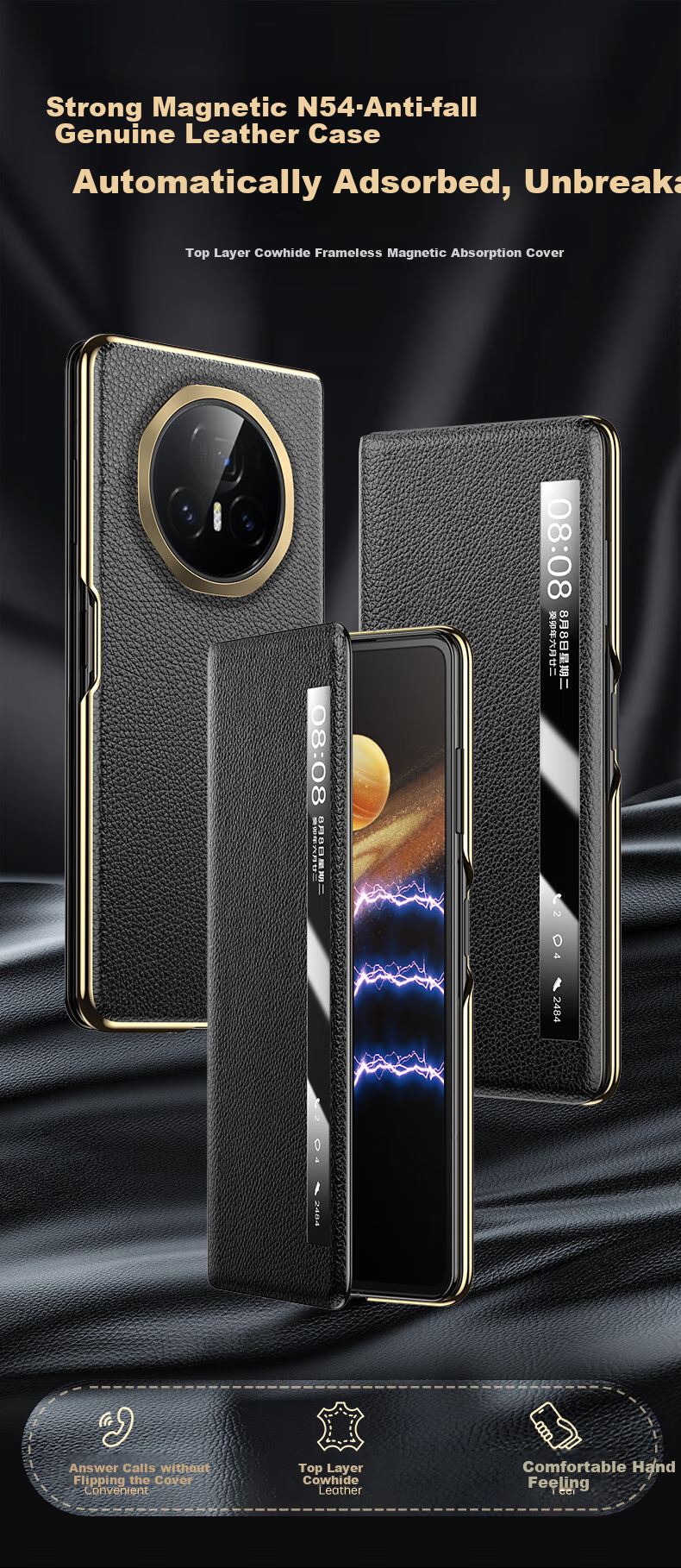 Чехол-книжка IM-CHEN Napa Genuine Leather для Honor Magic V3, черный
