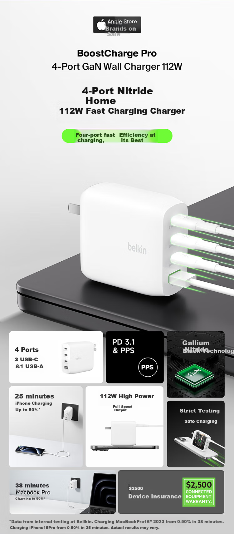 Зарядное устройство Belkin 112W GaN, 4 порта USB-C/USB-A, быстрая зарядка PD 3.1, складной штекер, белый