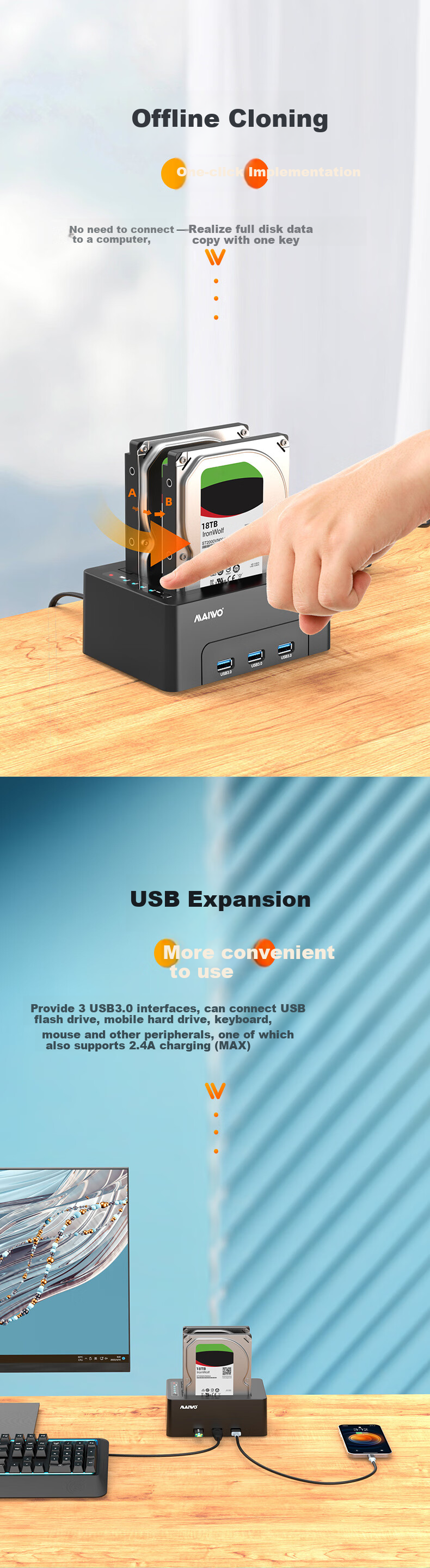 MAIWO K3082H док-станция для жестких дисков USB 3.0, внешний считыватель для 3.5/2.5-дюймовых механических/твердотельных накопителей, с USB-хабом, копир, черный