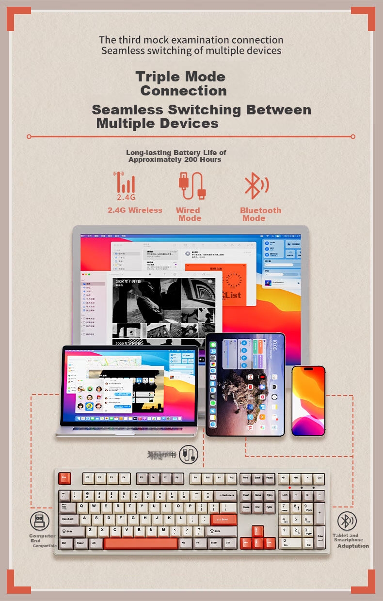 Механическая клавиатура EWEADN CR108, беспроводная, Bluetooth, проводная, три режима, игровая, для офиса, для компьютера, планшета, универсальная, с красными переключателями, цвет "Черный рыцарь"
