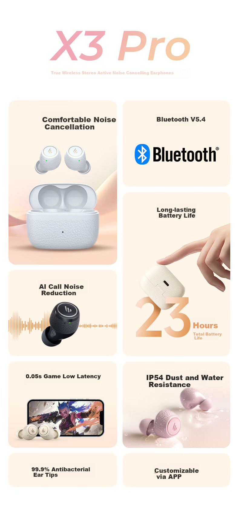 Беспроводные наушники EDIFIER X3 Pro с активным шумоподавлением, Bluetooth 5.4, спортивные, игровые, с шумоподавлением вызовов, белый