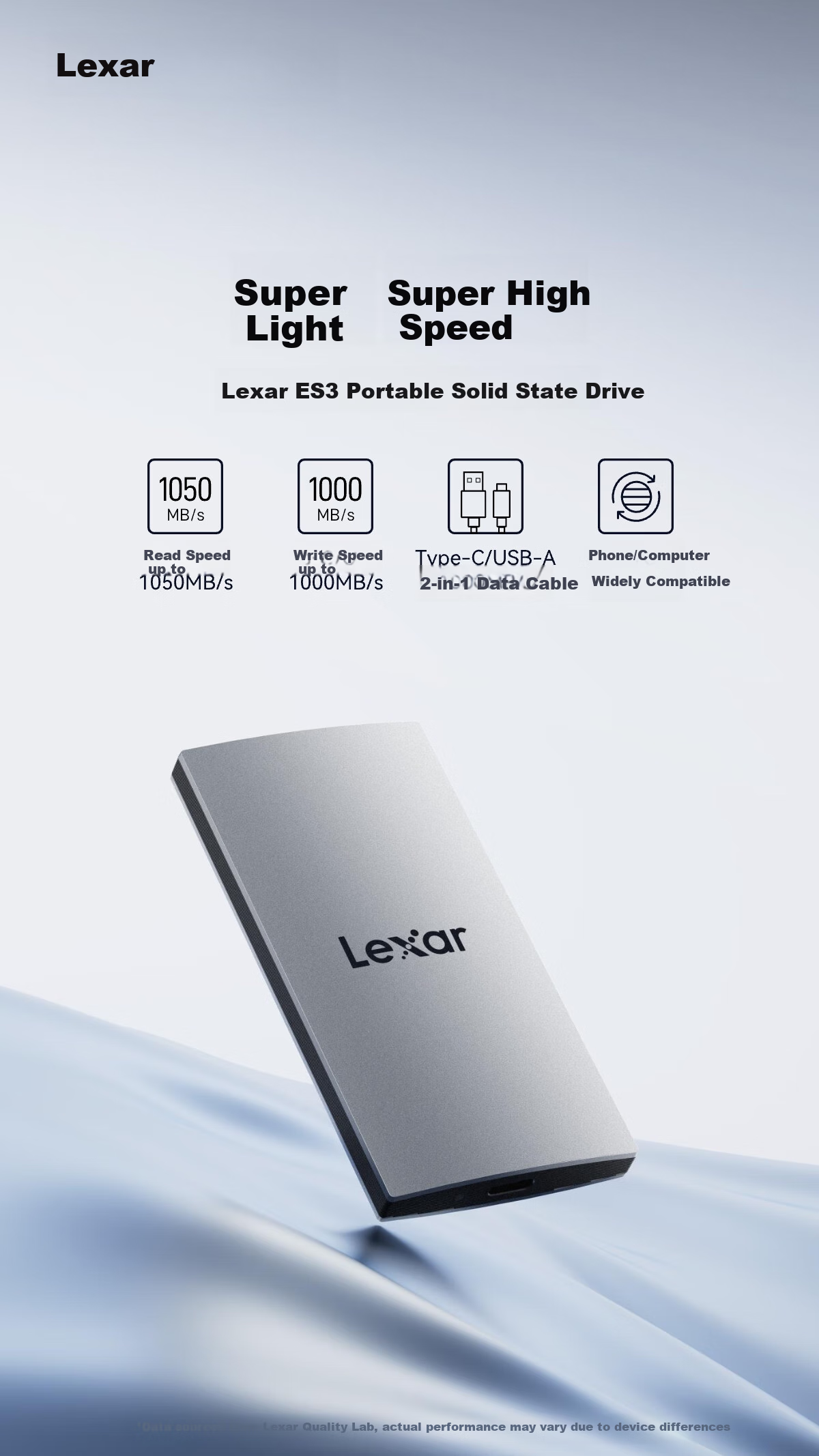 Портативный SSD-накопитель Lexar ES3, 2 ТБ, Type-C, USB 3.2, скорость чтения 1050 МБ/с, совместим с телефонами и ноутбуками, легкое расширение
