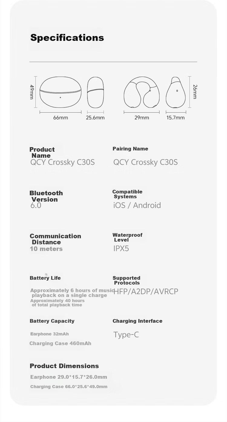Беспроводные наушники QCY Crossky C30S с зажимом на ухо, открытого типа, Bluetooth 6.0, 40 часов работы, серебристый