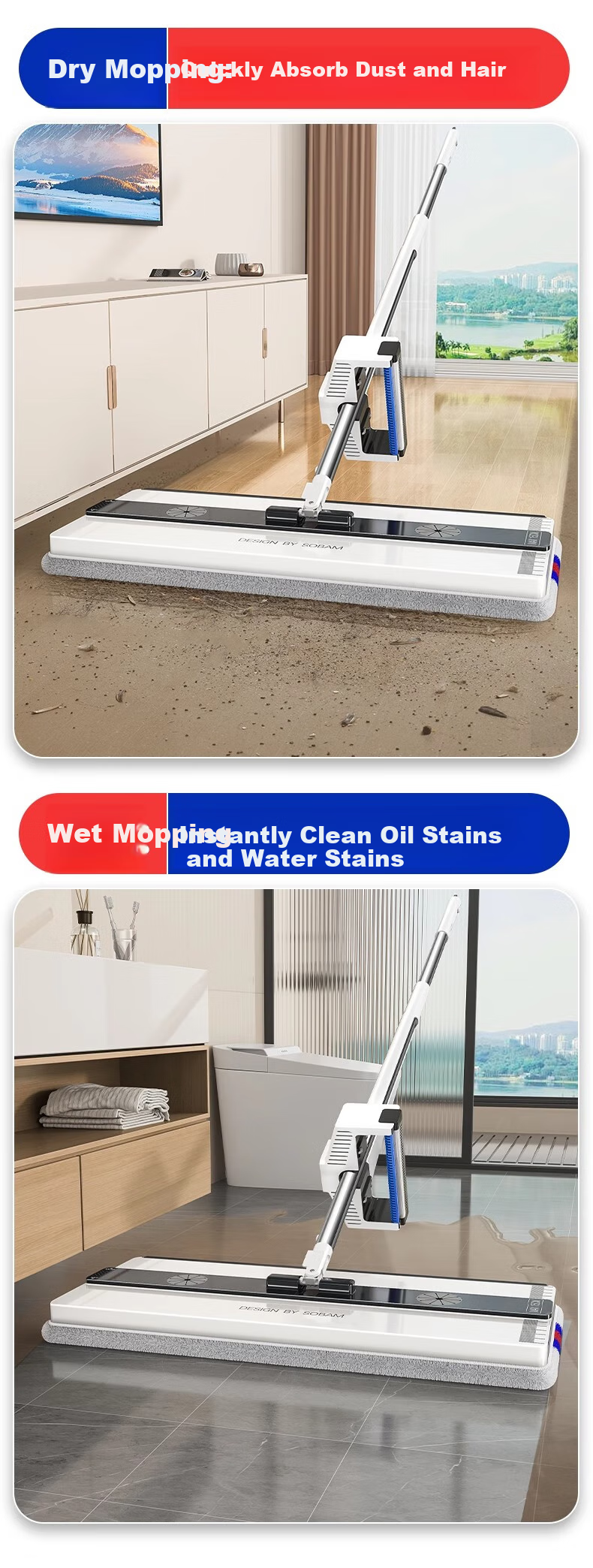 Швабра Sobam Flat Mop, 42см, 2 тряпки, для дома, универсальная, без ручного мытья, для пола, для ленивых, чистящая тряпка