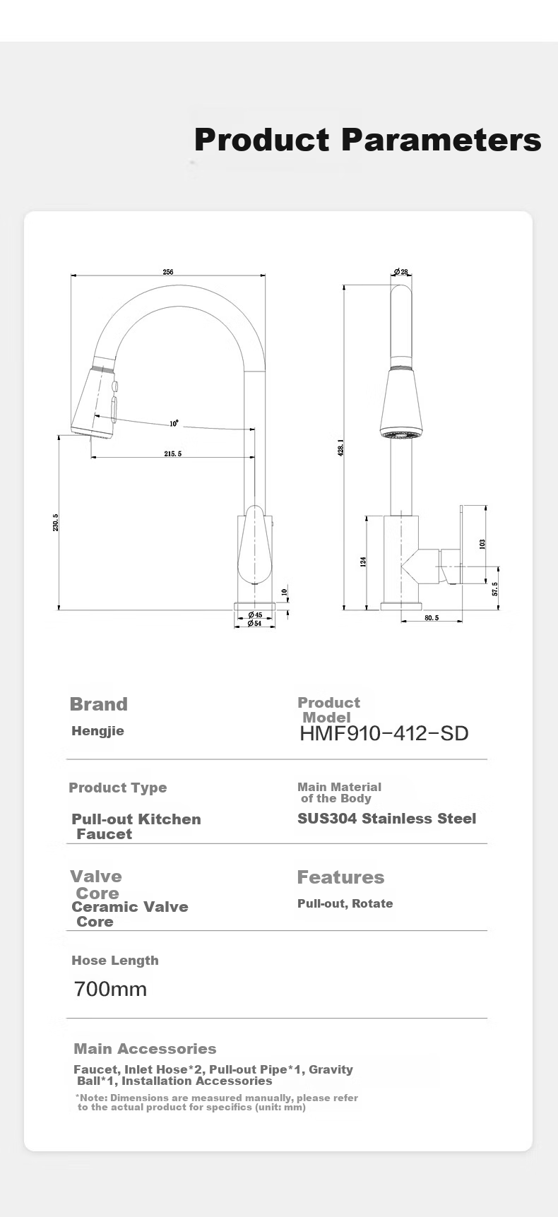 Смеситель для кухни HEGII HMF910-412-SD, выдвижной, 304 нержавеющая сталь, однорычажный, с тройным выходом воды, хромированный